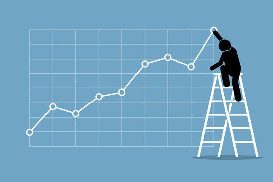 Businessman climbing up on a ladder to adjust an uptrend graph chart on a wall. Vector artwork depicts financial success, bullish stock market, good sales, profit, and growth.