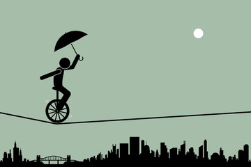 Person riding a unicycle and balancing it with an umbrella going through a tightrope rope with cityscape silhouette at the background. © leremy