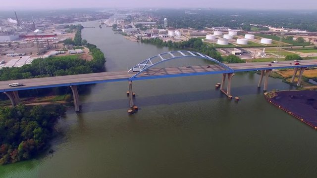 Scenic Leo Frigo Memorial Bridge in Green Bay, Wisconsin. AKA, Tower Drive Bridge.  Aerial Flyover.