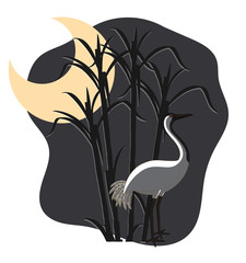 Crane Bird in Field at Night Vector