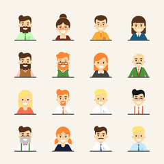 Various smiling cartoon faces, icons set. Group of cute happy diverse business people, vector illustrations isolated on white background. Avatars collection in flat design