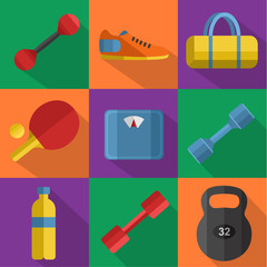 Vector illustration of gym sports equipment icons set. Weight, bag, sports shoes, ping pong paddle, bottle, dumbbell and weigher on color background. Different sport tools. Flat signs with long shadow