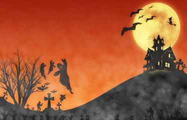 illustration Halloween design : Landscape horror orange tone with smoke for halloween background.