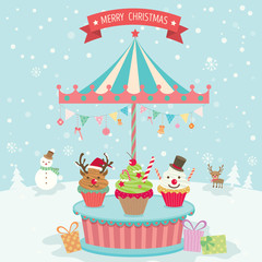 Illustration vector of merry christmas element cupcake decoration with merry go round  party on snow background.