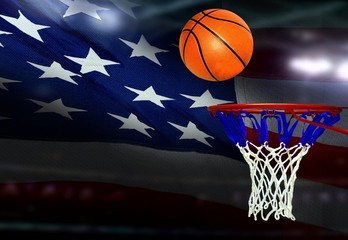 Basketball shot to the hoop with American flag background