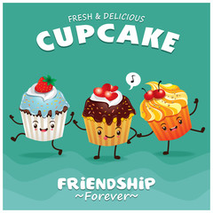 Vintage Cupcake poster design with vector cupcake character.