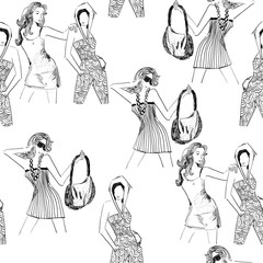 Seamless background with cute beautiful fashionable woman