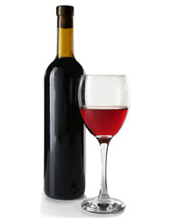 Glass of red wine with bottle on white background