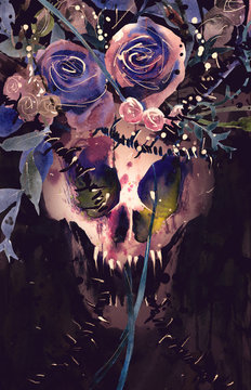 Watercolor painting Demon King skull Crown decorated with flowers