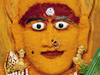 carving of tree bark goddess durga,Hinduism in India