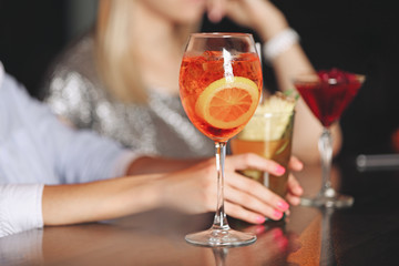 Tasty long drink on bar counter