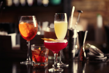 Different drinks on bar counter