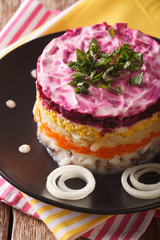 layered salad of herring under a fur coat close-up. vertical
