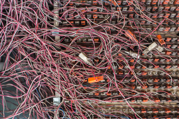 Switchboard panel with messy cables connections,The PABX.