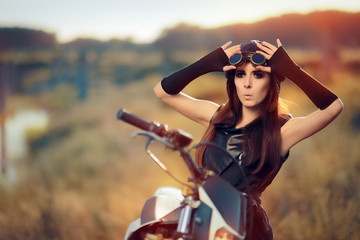 Surprised Steampunk Woman Next to Her Motorcycle