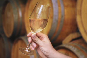 Male hand holding glass of wine on wooden barrels background