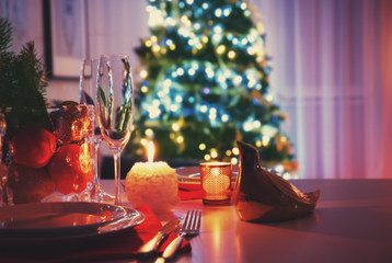Close up view of table set for Christmas dinner