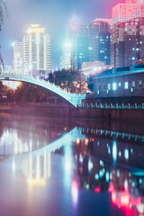 Downtown City skyline along the River at night in China.