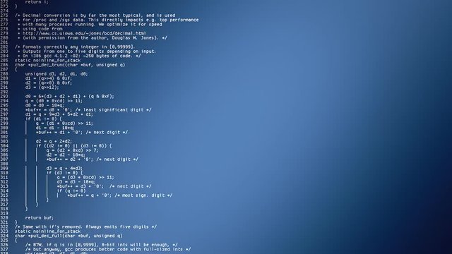 Simple source code scrolling animation from public domain. After a while, the text scrolls on two columns. White characters on a shaded blue gradient background.
