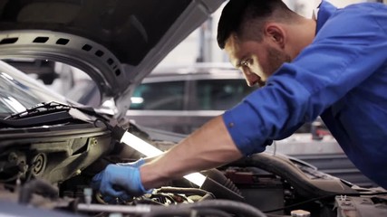 mechanic man with wrench repairing car at workshop 47 - Powered by Adobe