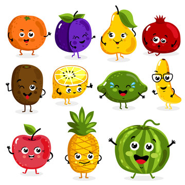 Cartoon funny fruits characters isolated on white background vector illustration. Funny fruit face icon.