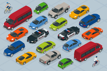 Flat 3d isometric high quality city transport car icon set. Car, van, cargo truck, off-road, bike, mini, sport car. Transport set. Set of urban public and freight transport
