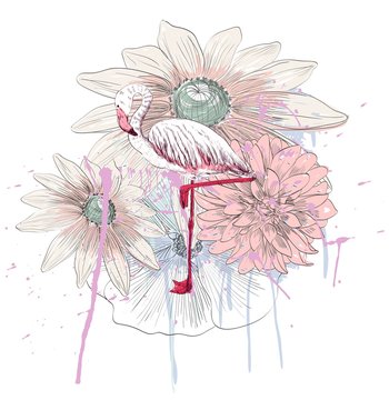 Vector sketch of a flamingo with flowers. Hand drawn illustration