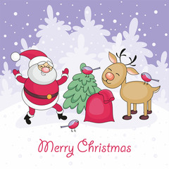 Merry Christmas greeting card with Santa Claus's image, a deer and a bag with Christmas gifts