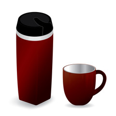 Red thermos bottle with red cup isolated on white background.