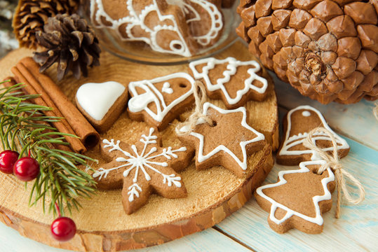 Brown gingerbread cookies in different shapes. Christmas and new year