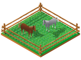 Two horses in pasture. 3D isometric view. Vector illustration.