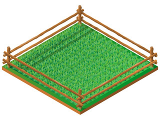 Fenced meadow. Pasture for farm animals. 3D isometric view. Vector illustration.