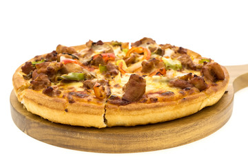 Pizza shot in the pizza wooden pan