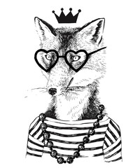 Hand drawn dressed up fennec in hipster style