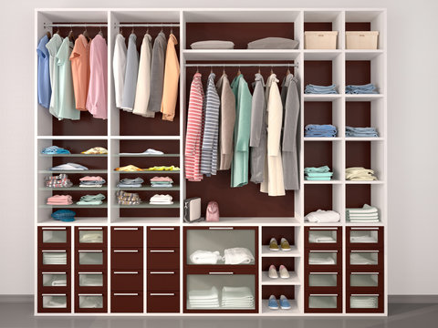 contemporary wardrobe with different things. 3d illustration.