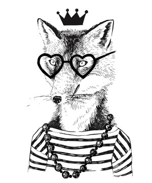 Hand drawn dressed up fennec in hipster style