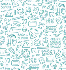 Seamless pattern with set of different school things