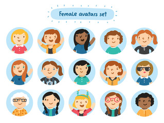 Set of 15 female characters avatars
