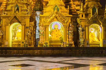 Myanmar famous sacred place and tourist attraction landmark. Shwedagon pagoda at night in Yangon, Myanmar