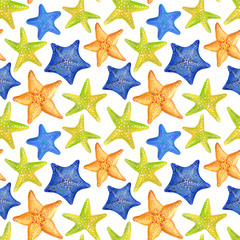 Seamless watercolor pattern with marine starfish. Can be used for fabric, wallpaper, background