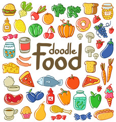 Colored doodle food set of 50 various products, fruits, vegetables and much more.