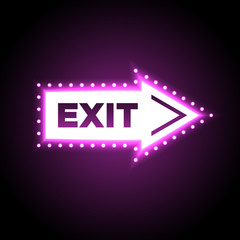 Illuminated arrow shaped 3D exit sign. Escape neon symbol isolated on black background for casino decoration. Vector illustration