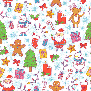 Christmas pattern on white with snowflakes background