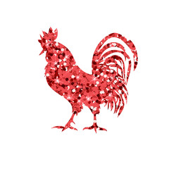 Red glitter rooster on white background.