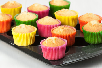 Homemade Colorful Plain Cupcakes On Baking Tray.