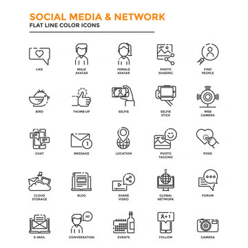 Flat Line Color Icons- Social Media and Network