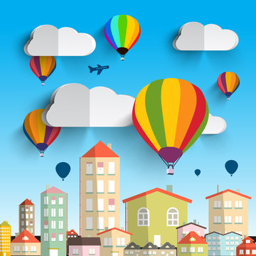 Hot Air Balloons with Clouds Vector Illustration with Houses on City