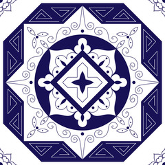 Portuguese tiles azulejos pattern vector seamless. Blue white traditional tile ornament design, vector illustration.