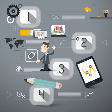 Four Steps Infographics Layout with Business Man and Technology Device Icons