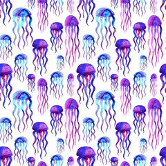 Hand drawn jellyfish. Watercolor pattern.